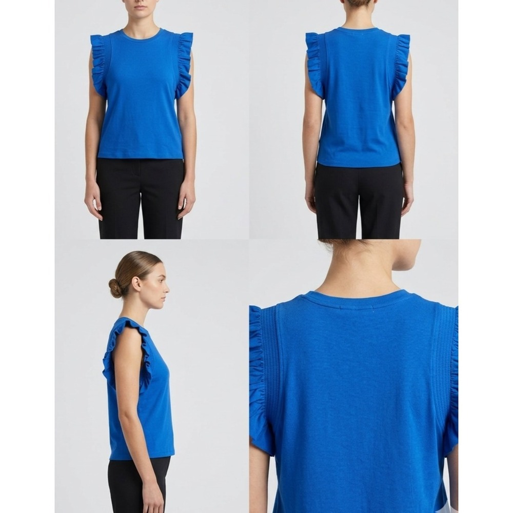 English Factory Blouse Top Womens S Royal Blue Smocked Ruffle Sleeve Crew Neck